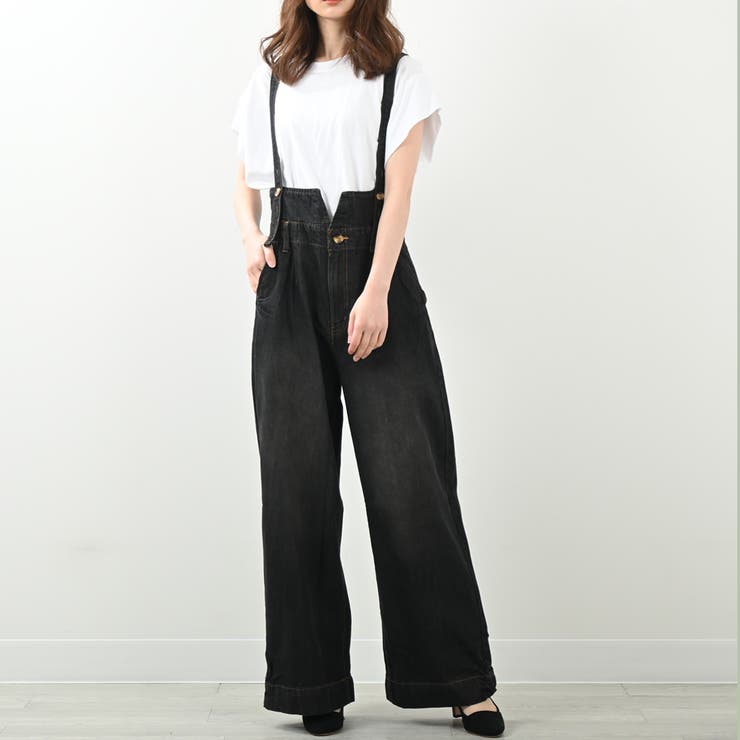 ハイウエストサス付ワイドパンツ ハイウエストデザイン オール
