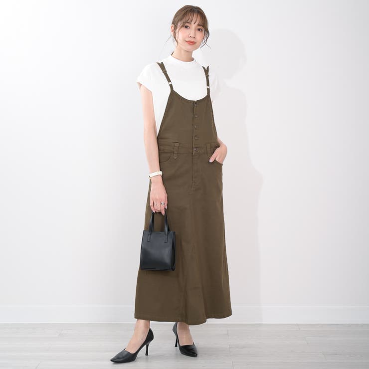 カーキ(ツイル) | サロペットスカート リネン ツイル ロングスカート ワンピース コットン  | Maria Trinity