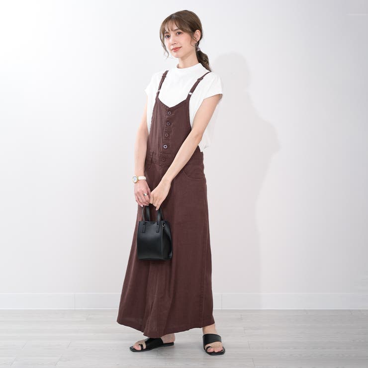 ブラウン(リネン) | サロペットスカート リネン ツイル ロングスカート ワンピース コットン  | Maria Trinity