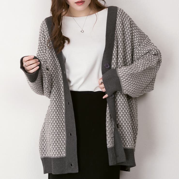 ミックスグレー×ライトグレー | 配色リンクス柄Vネックカーデ ダブルジャガード ジェンダーレス | Felt Maglietta