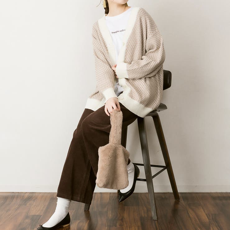カーディガン リンクス柄ダブルジャガードVネックカーディガン レディース ElegChic カーディガン リンクス柄ダブルジャガードVネック