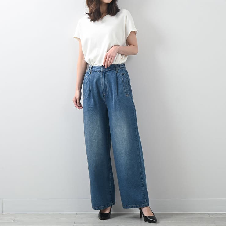 サスペンダーデニムワイドパンツ オールシーズン サロペット[品番