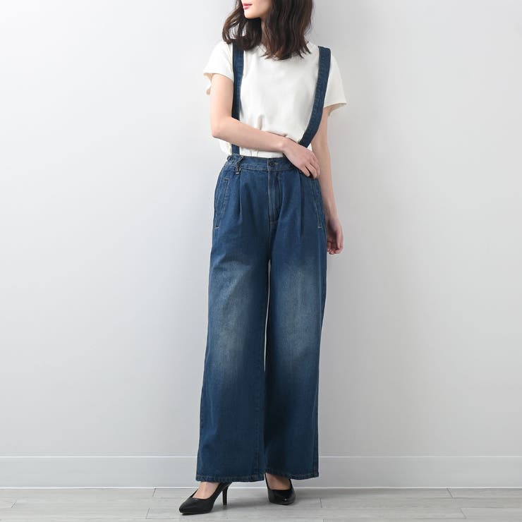 サスペンダーデニムワイドパンツ オールシーズン サロペット[品番