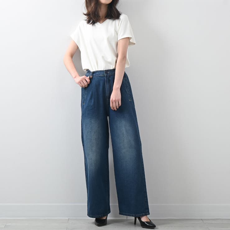 サスペンダーデニムワイドパンツ オールシーズン サロペット[品番