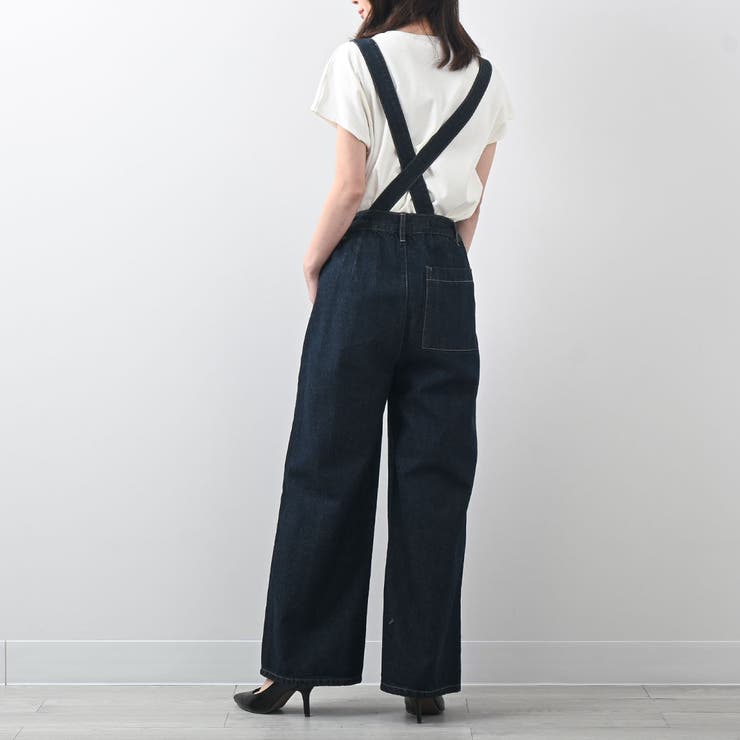 サスペンダーデニムワイドパンツ オールシーズン サロペット[品番