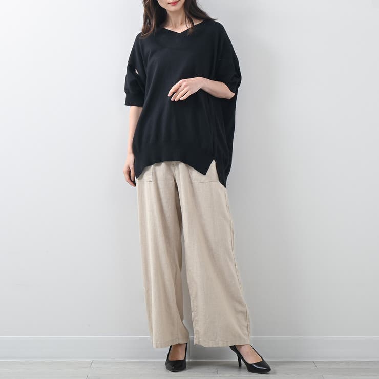 袖脇オープンVネック5分袖ニット 春ニット サマーニット[品番