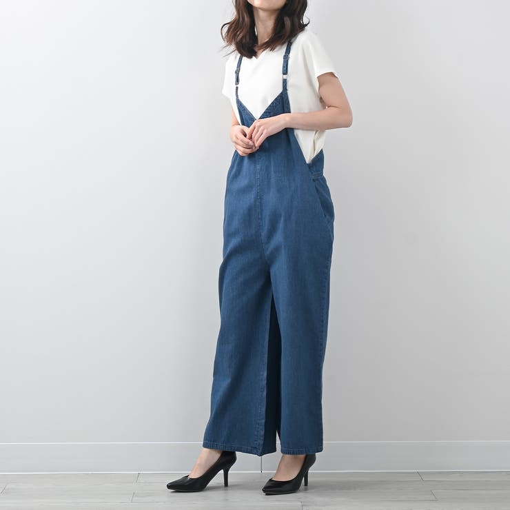 ゆったりワイドキャミオールインワンデニムサロペットパンツ サロペ