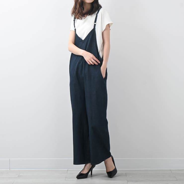 ゆったりワイドキャミオールインワンデニムサロペットパンツ サロペ