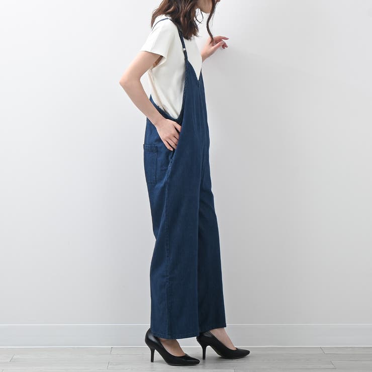 デニム サロペット キャミパンツ ワイドパンツ オールイン B2982 ゆったりワイドキャミオールインワンデニムサロペットパンツ