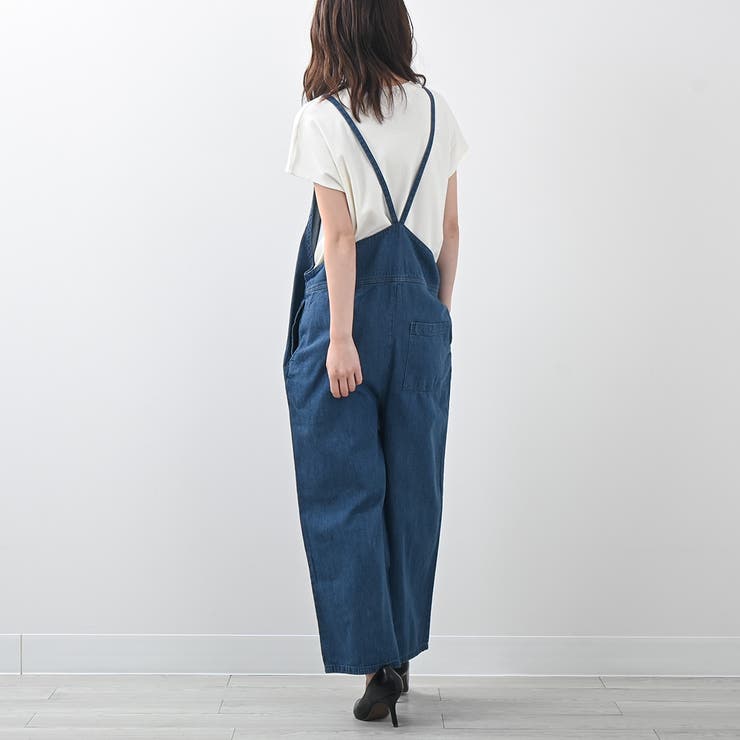ゆったりワイドキャミオールインワンデニムサロペットパンツ サロペ