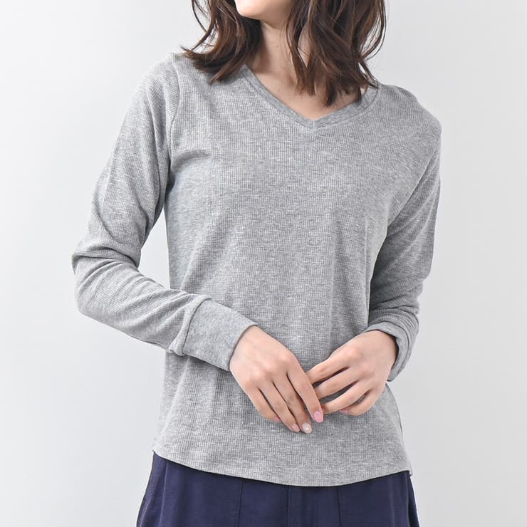 ワッフルVネック長袖Tシャツ レディース トップス[品番