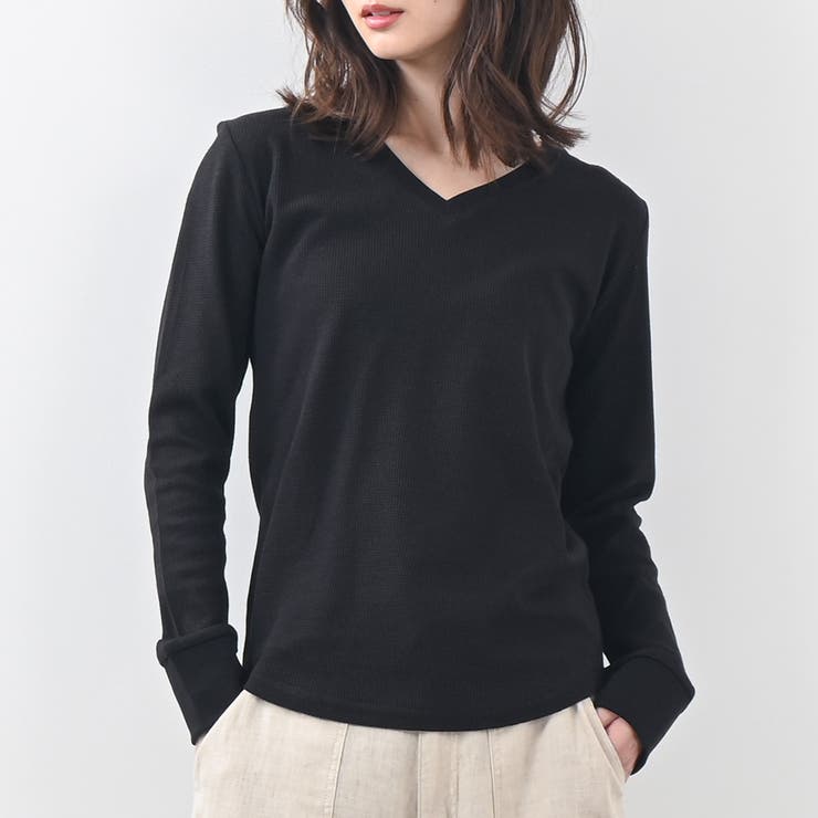 ワッフルVネック長袖Tシャツ レディース トップス[品番