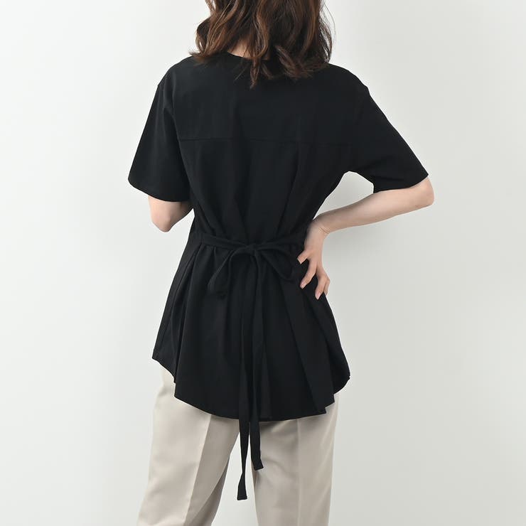 ブラック | バックフレアーカットソー コットン100 チュニック フェミニン リボン | Maria Trinity