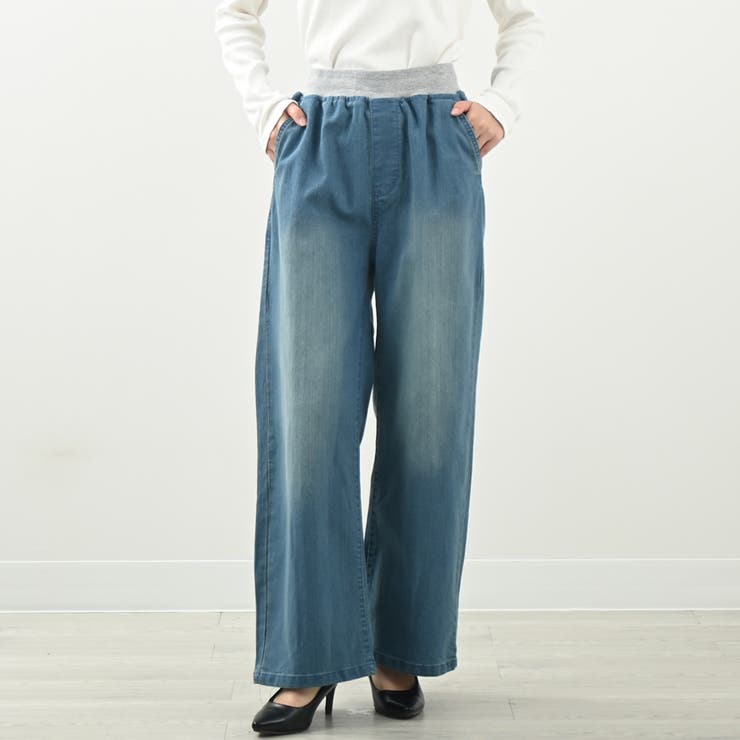 ウエストリブワイドストレートデニムパンツ カジュアル 伸縮性