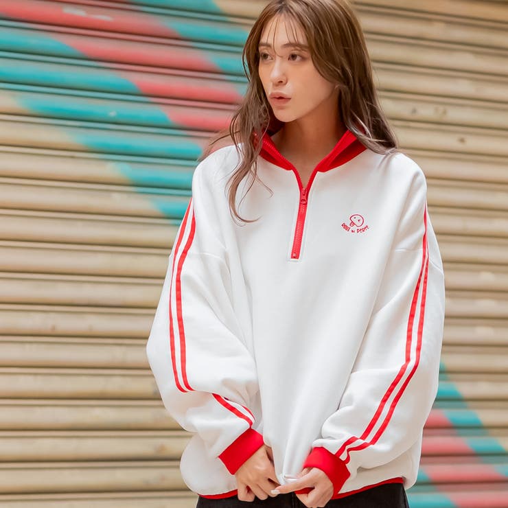 ホワイト×レッド | 裏起毛ハーフジッププルオーバー トレーナー ビッグシルエット | Felt Maglietta