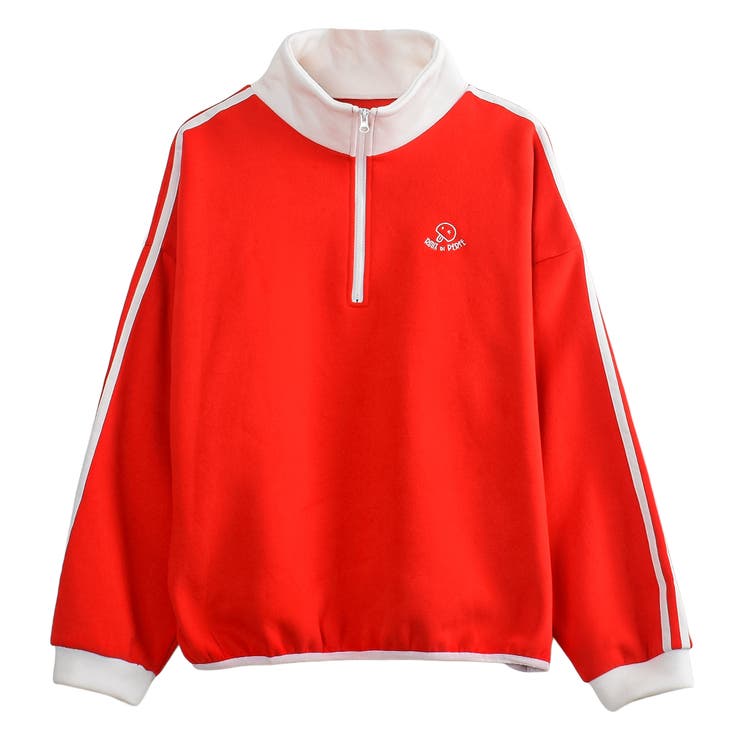 レッド×ホワイト | 裏起毛ハーフジッププルオーバー トレーナー ビッグシルエット | Felt Maglietta