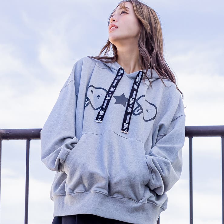 杢グレー | フロントベーマークロゴ紐フードパーカー ビッグシルエット プルオーバー | Felt Maglietta