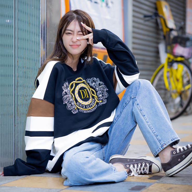 ブラック×チョコ×アイボリー | 復刻刺繍ロゴトレーナー ビッグシルエット スウェット | Felt Maglietta