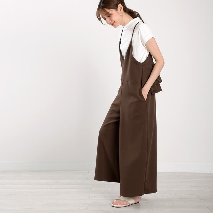 バックフリルサロペットストレッチガルゼ大人可愛い高見え