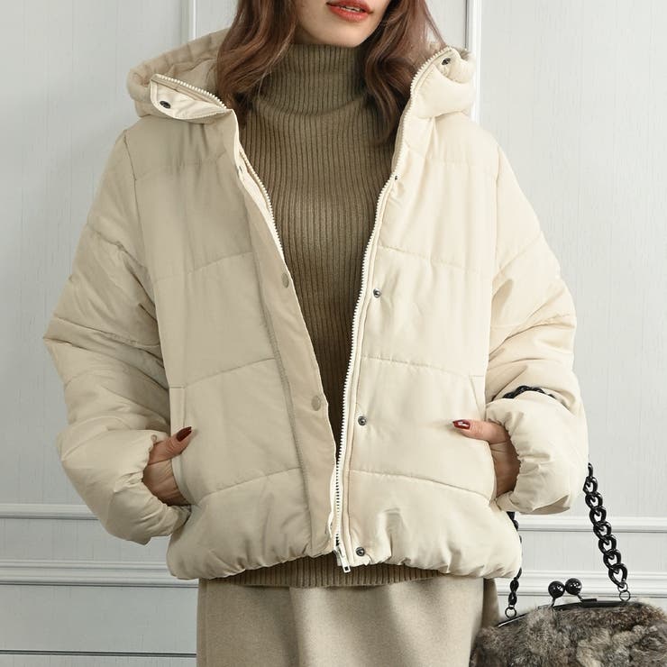 フード付きニュアンスカラーフェイクダウンジャケット ショート丈