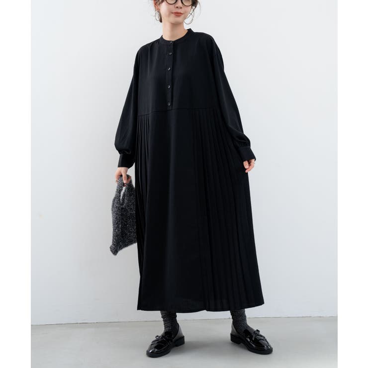 プリーツプリーズ　フリンジ　黒　ワンピース refinedworks】オケージョンでも使える！プリーツ切替ワンピース[品番
