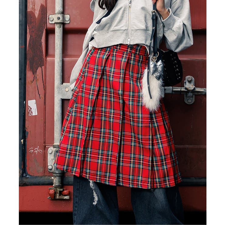 レッド | ミディプリーツチェックスカート | F.O.Online Store
