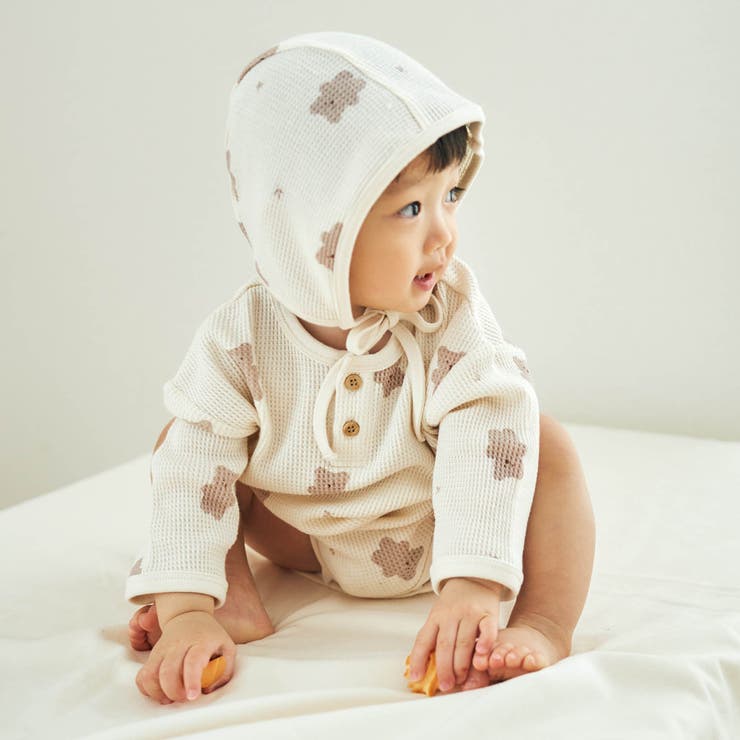 WEB限定 ワッフルボディースーツ・ボンネットセット[品番：FOKK0005562