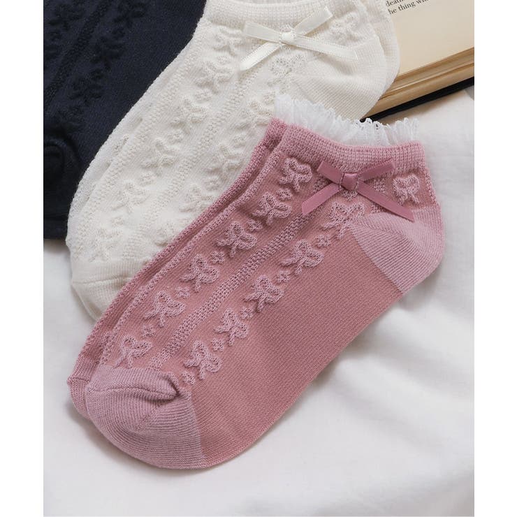 サーモンピンク | リボン編み柄ショートソックス | F.O.Online Store