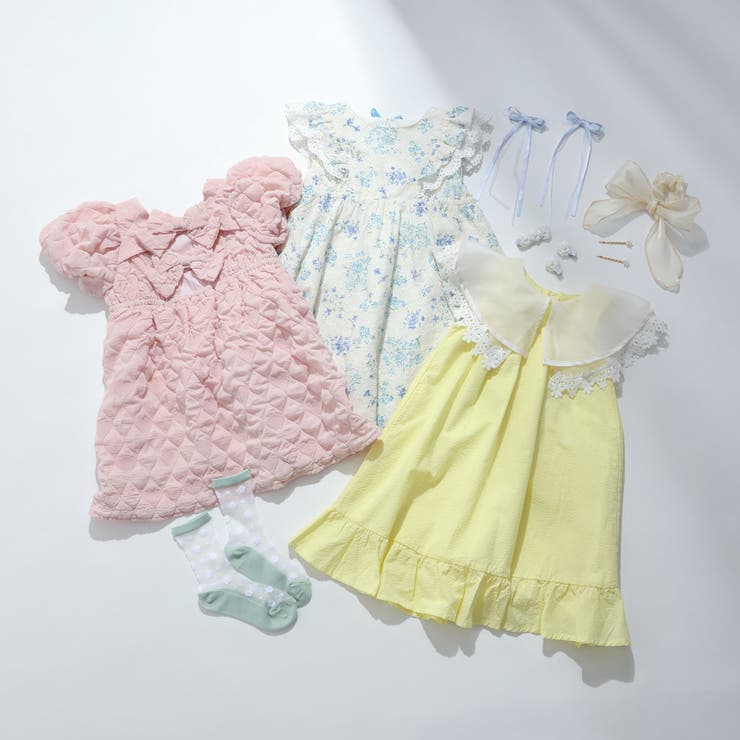 【新品】&エルシー　レースアプリケワンピース ERUKEI]レッド・イエロー・花柄・プリント・サテン・フリル