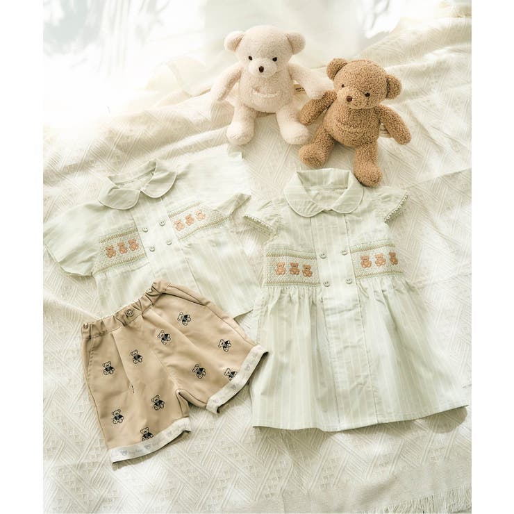 tiny bear スモッキング刺繍ワンピース[品番:FOKK0023843 tiny bear スモッキング刺繍ワンピース[品番:FOKK0023843