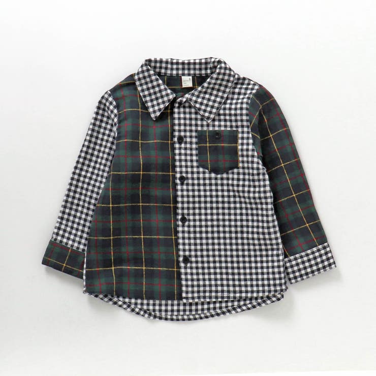チェック&ストライプパッチワークシャツ[品番:FOKK0018026 チェック&ストライプパッチワークシャツ[品番:FOKK0018026