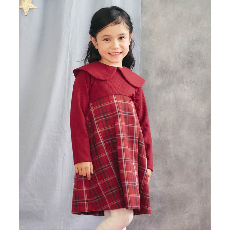 f*d様 Cornet　タータンチェックブローチ付きワンピース kids タータンチェックインナーレースワンピース(805) | こどもふく