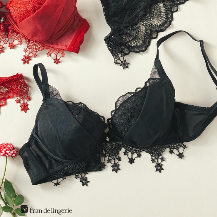 ブラック | とびきりキュートなスターレース華奢見せ楽ちんフィットブラ 「プティフィット001… | fran de lingerie