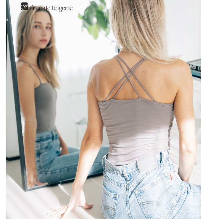 グレージュ | さらっと滑らかなシルキーリネンシンプルデザインのパッド付きキャミ 「シルキーリネ… | fran de lingerie