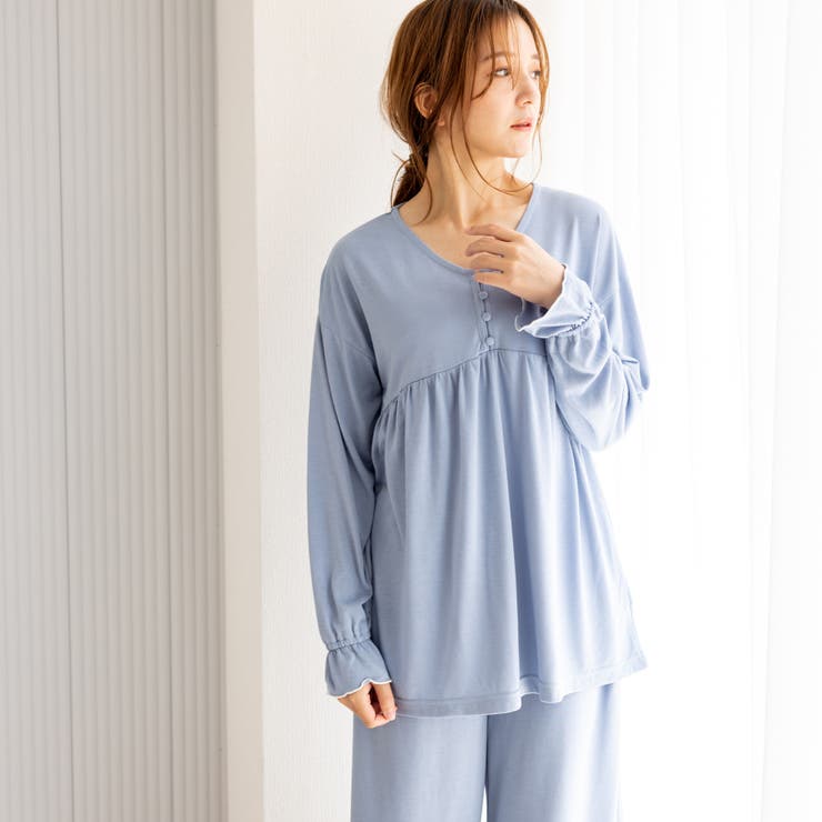 ブルー | tororelax とろリラプルオーバー＆ワイドパンツ・上下セットパジャマ | fran de lingerie