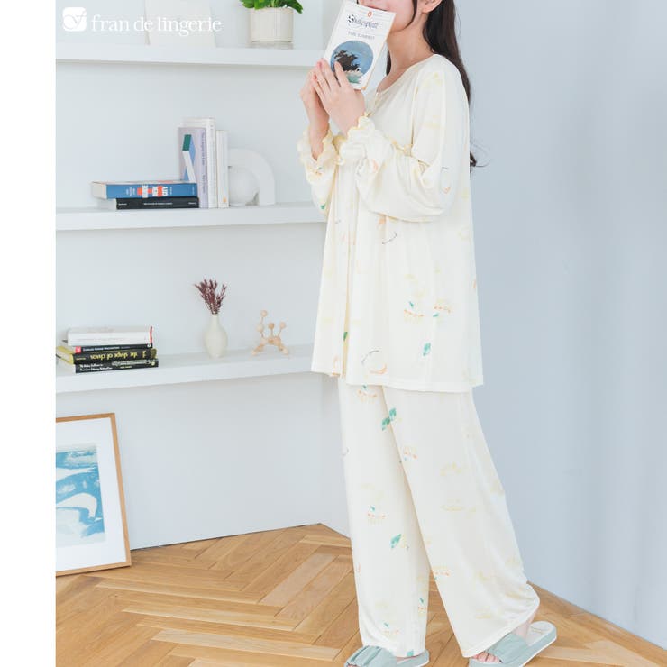 アイボリー | ≪tororelax とろリラ≫ 前開き長袖シャツ＆イージーロングパンツ | fran de lingerie