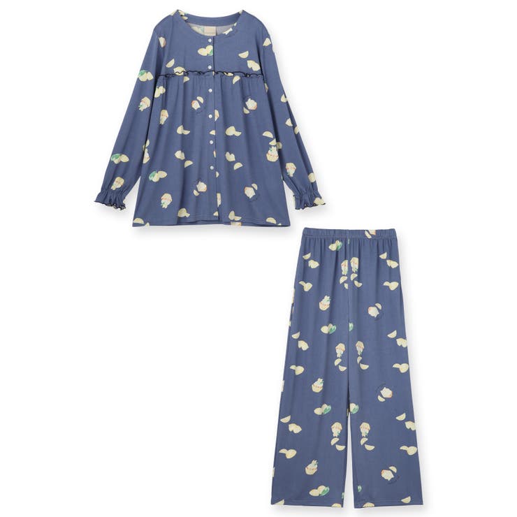 ネイビー | ≪tororelax とろリラ≫ 前開き長袖シャツ＆イージーロングパンツ | fran de lingerie