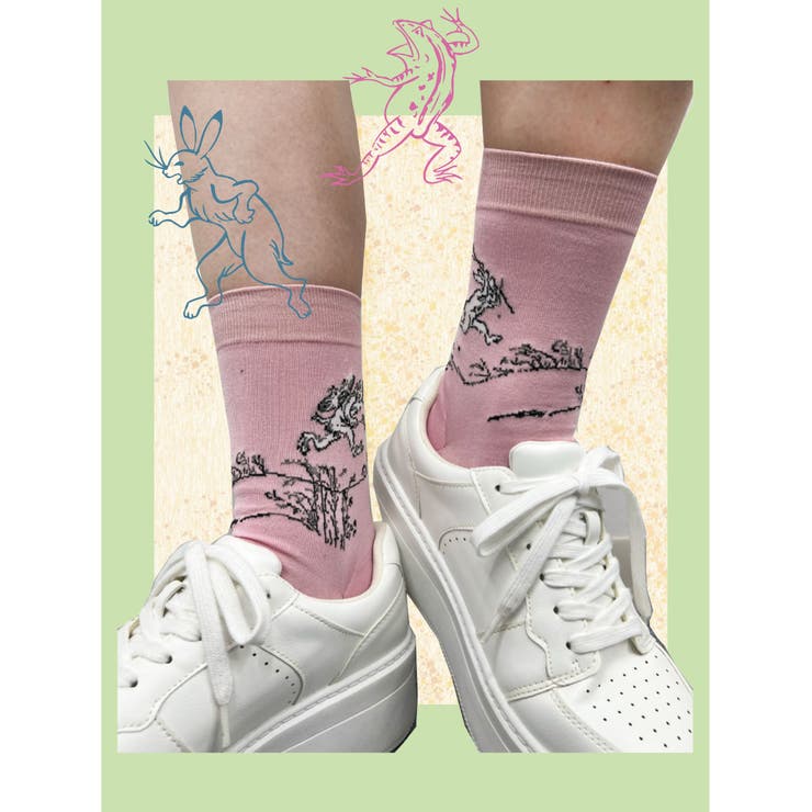 【鳥獣戯画】 靴下 うさぎ 刺しゅう クルー丈 (3163-282) | 福助オンラインストア | 詳細画像1 