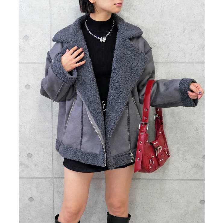 チャコールグレー | ムートンライダースジャケット | FUN