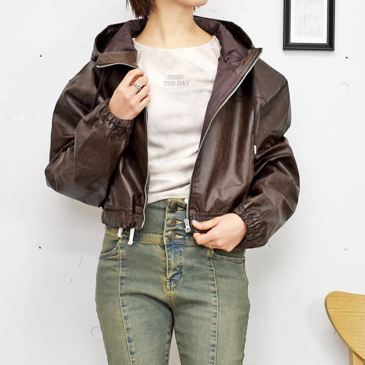 フェイクレザーフードブルゾン[品番：TRNW0001520]｜FUN（ファン