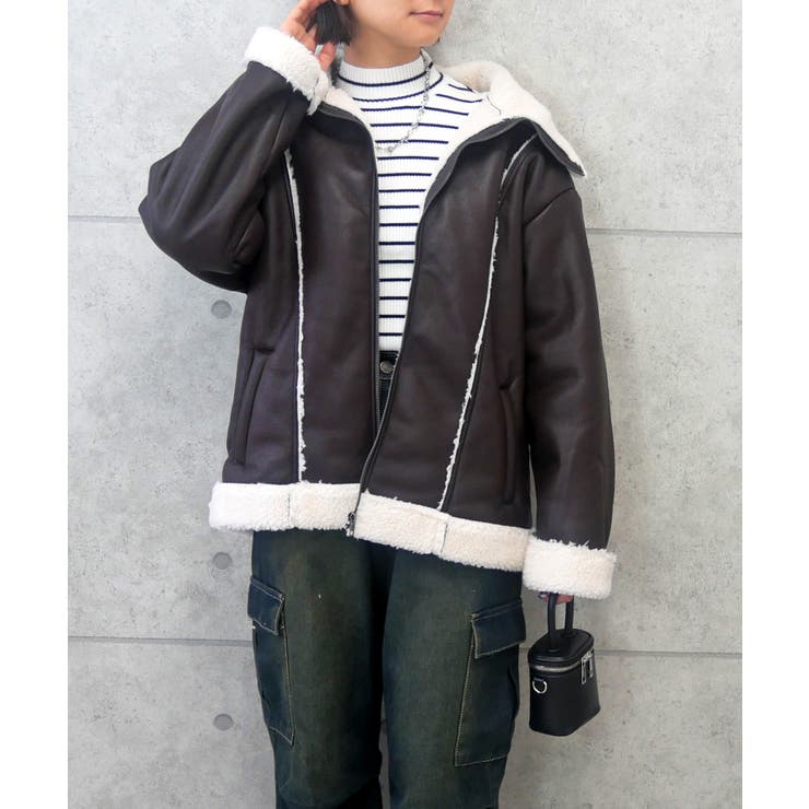 ブラウン | フェイクレザームートンジャケット | FUN