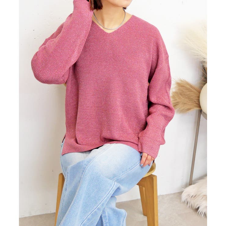 ピンク | ラメVネックニット | FUN