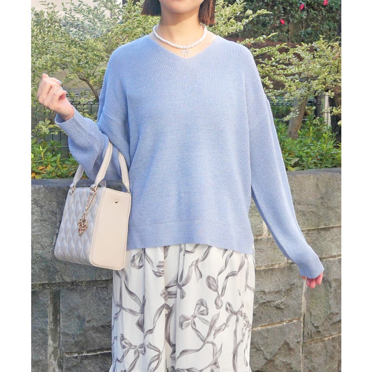 ブルー | ラメVネックニット | FUN