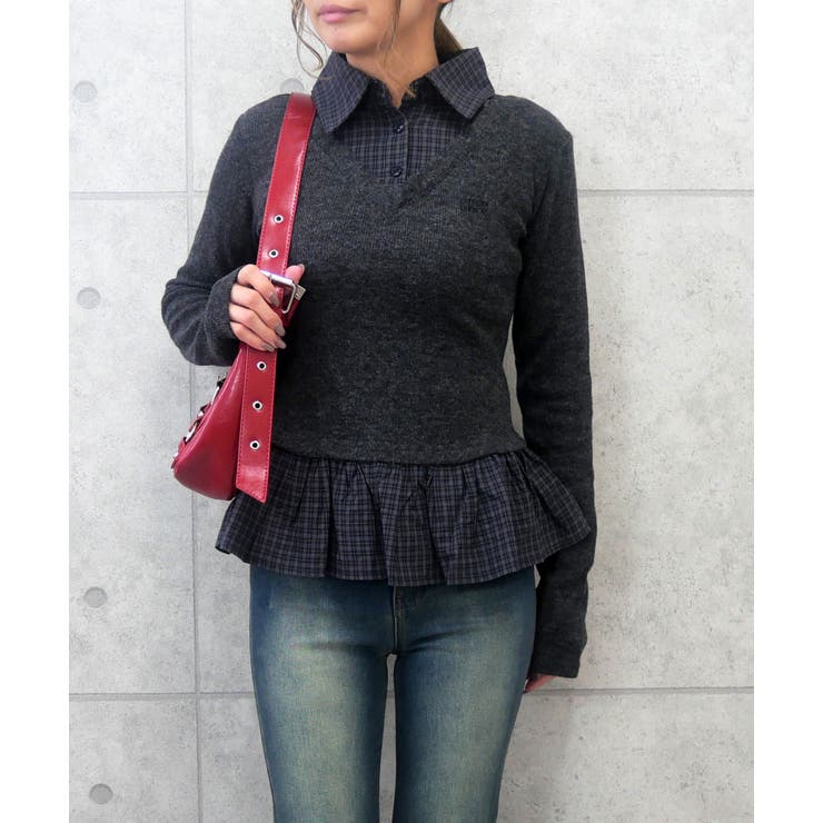 チャコールグレー | チェックレイヤードプルオーバー | FUN