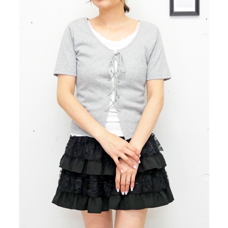 グレー | レースアップラメテレコカットソー | FUN