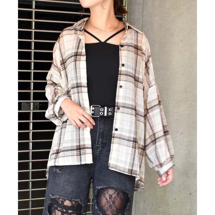 極美品✨スピック&スパン　シアーシャツ　チェック　ゆったり　ブラック　2WAY シアーチェックシャツ[品番：TRNW0001717]｜FUN（ファン）の
