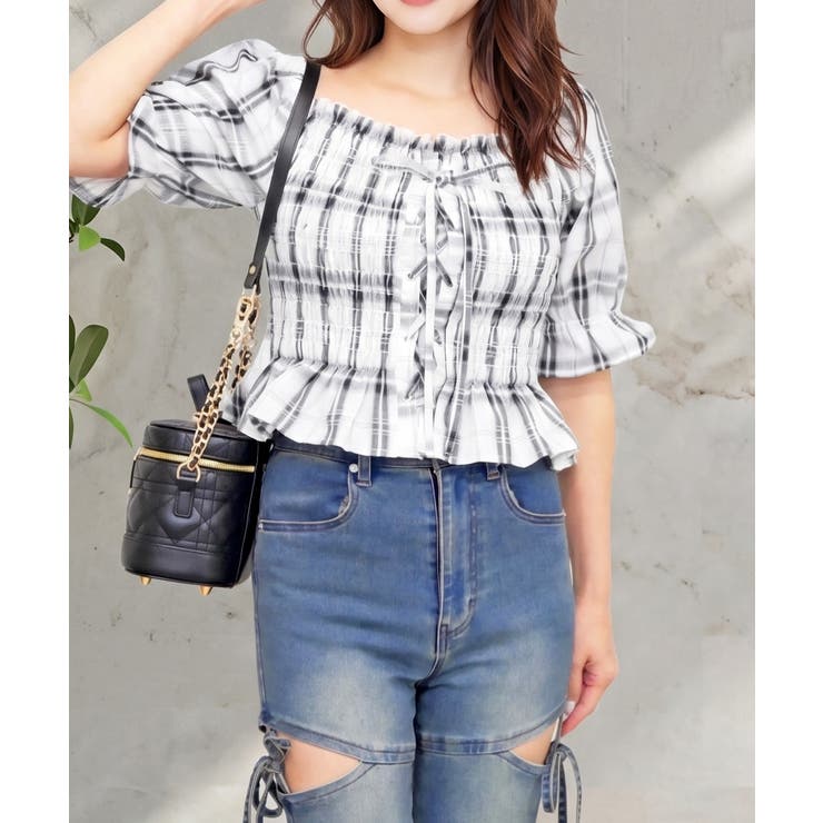 レースアップチェックブラウス | FUN | 詳細画像1 