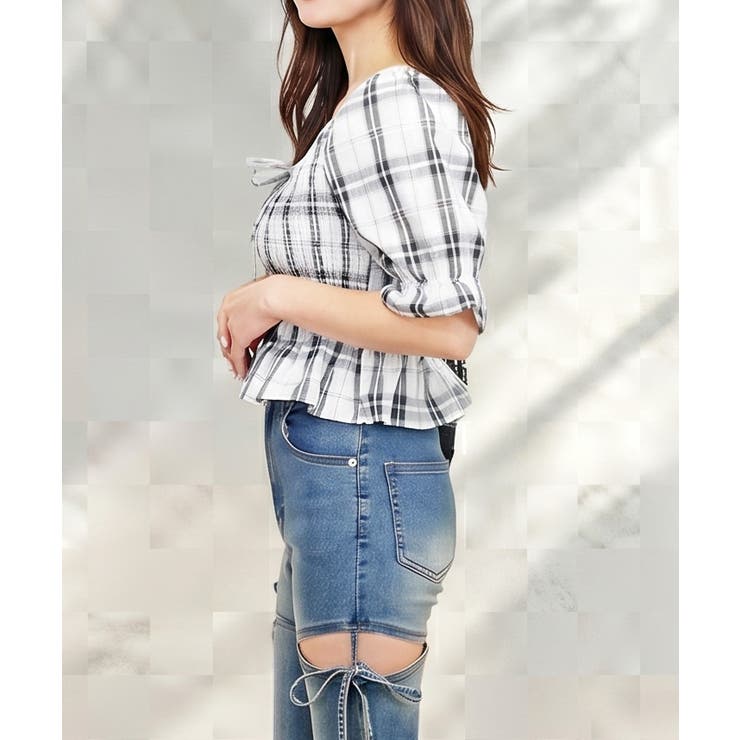 レースアップチェックブラウス | FUN | 詳細画像2 