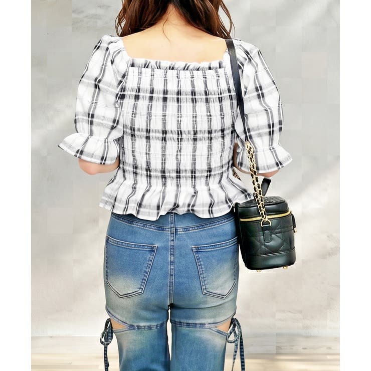 レースアップチェックブラウス | FUN | 詳細画像3 