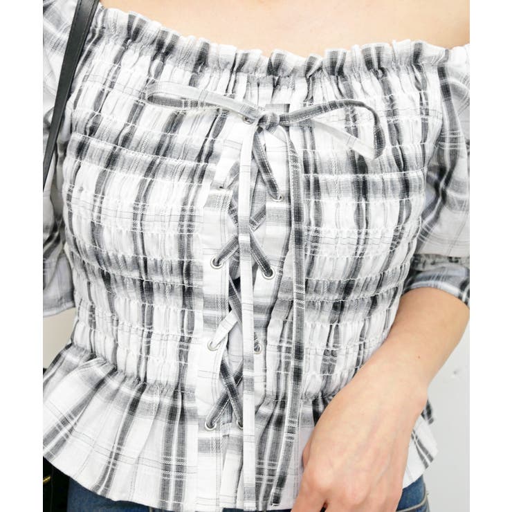 レースアップチェックブラウス | FUN | 詳細画像4 